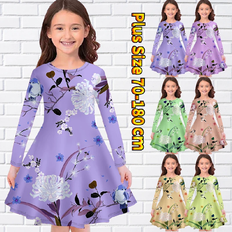 

Little Girl Vintage Knee-length Skirt Autumn Winter Girl Floral Print Long Sleeve Skirt Round Collar Midi Skirt Princess Skirt