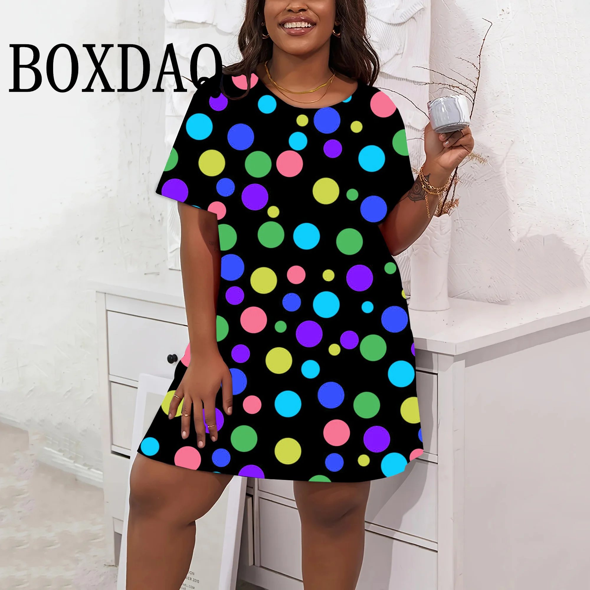 Polka Vintage Plus Size Vintage 80S Polka Dots Casual Short Dress Women  Fashion Rainbow Dot Loose