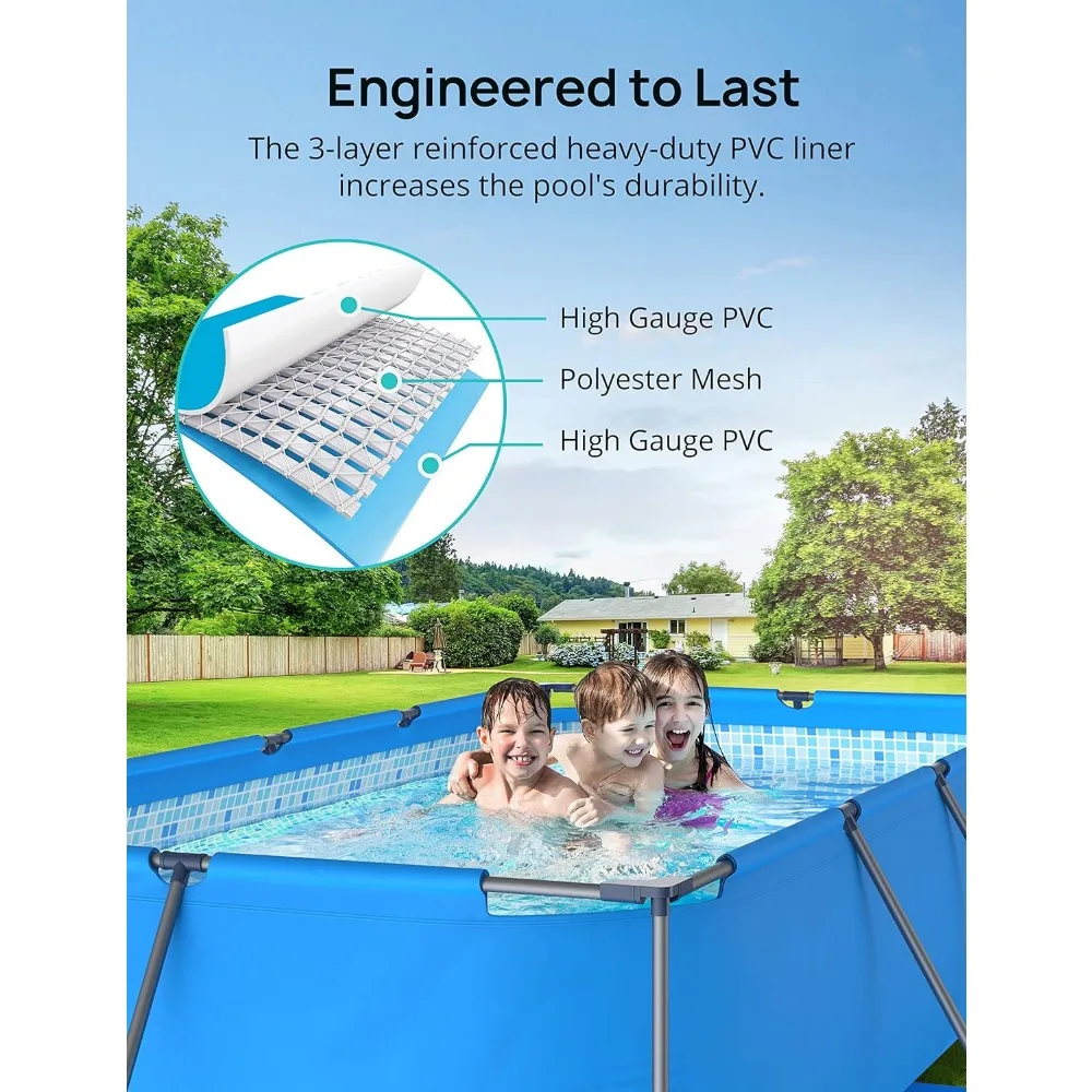 14ft x 7ft x 33in Metal Frame Swimming Pool, Outdoor Rectangular Above-Ground Pool with Steel Frame, Heavy-Duty PVC