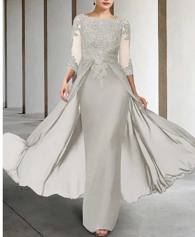 S59b970d515814138a17c471ea6d20272u Long Elegant Mother of the Bride Dresses Chiffon Appliques Jewel Neck Floor Length Evening Wedding Party Skirt for Women Mallzona