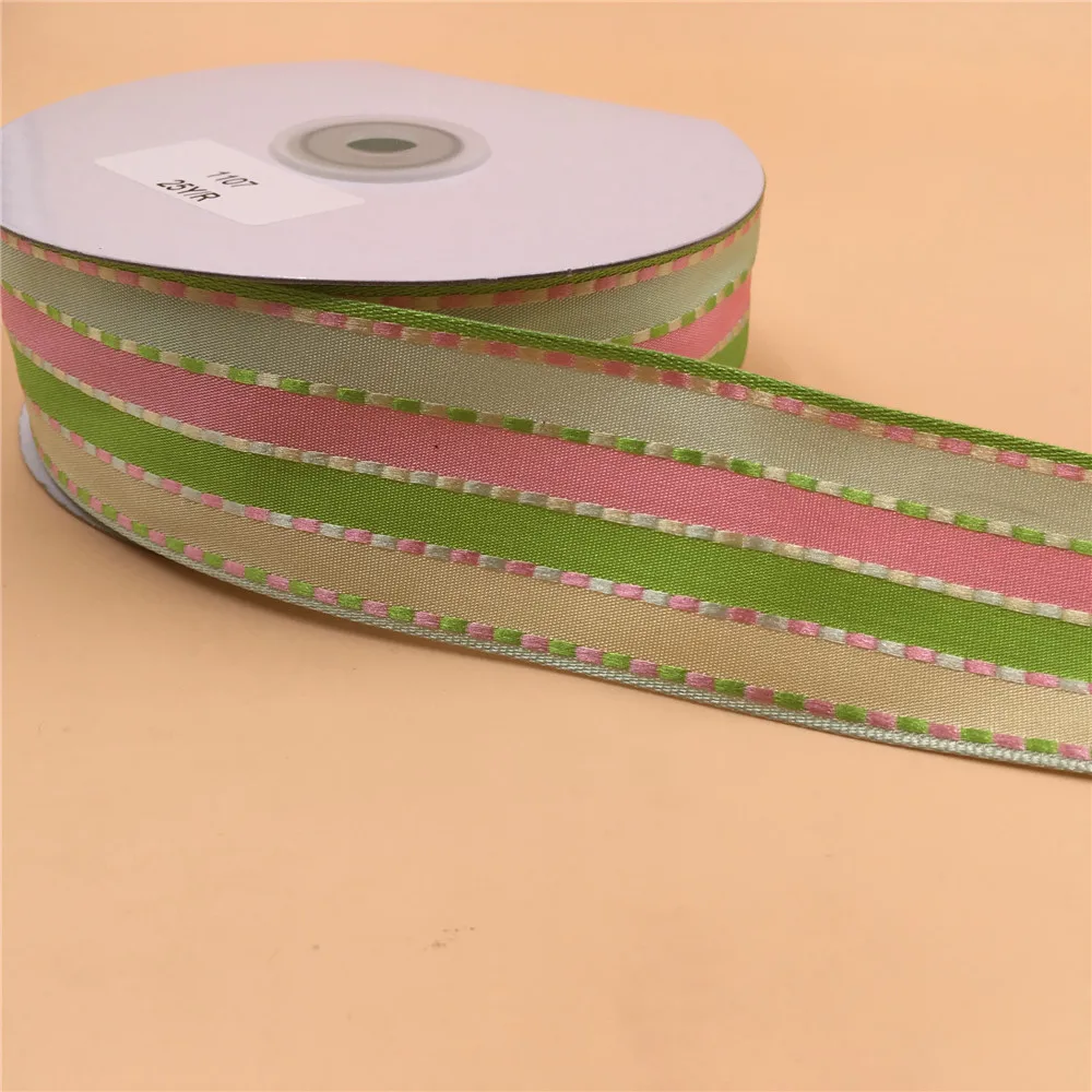 

38MM 25Yards Spring Striped Satin Ribbon Wire Edge Plaid Tap for Birthday Decoration Gift Wrapping 1-1/2"