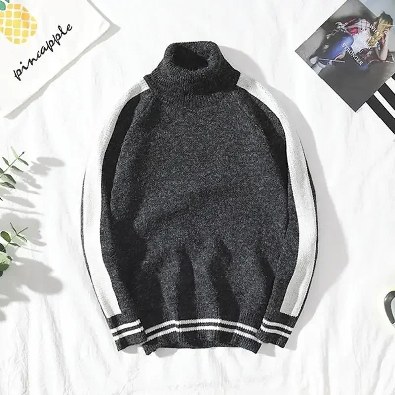 thumbnail image 1 of Ropa de hombre Suéteres de punto de cuello alto de cuello alto para hombres Suéteres de rayas blancas Cuello clásico Manga larga 100% Invierno 2024 X, 1 of 5