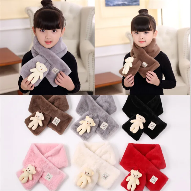 

Winter New Imitation Rabbit Hair Pure Color Children'S Scarf Baby Boys Girls Plush Little Bear Neck Warm Scarves Free Shipping