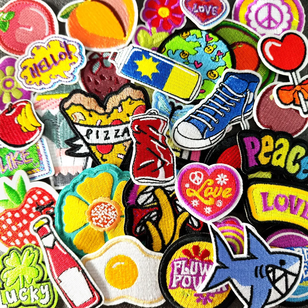 꽃 지구 헬로 피스 아이언 온 패치, 의류 자수 아플리케 바느질 용품, 장식 배지, 복숭아 딸기 아보카도