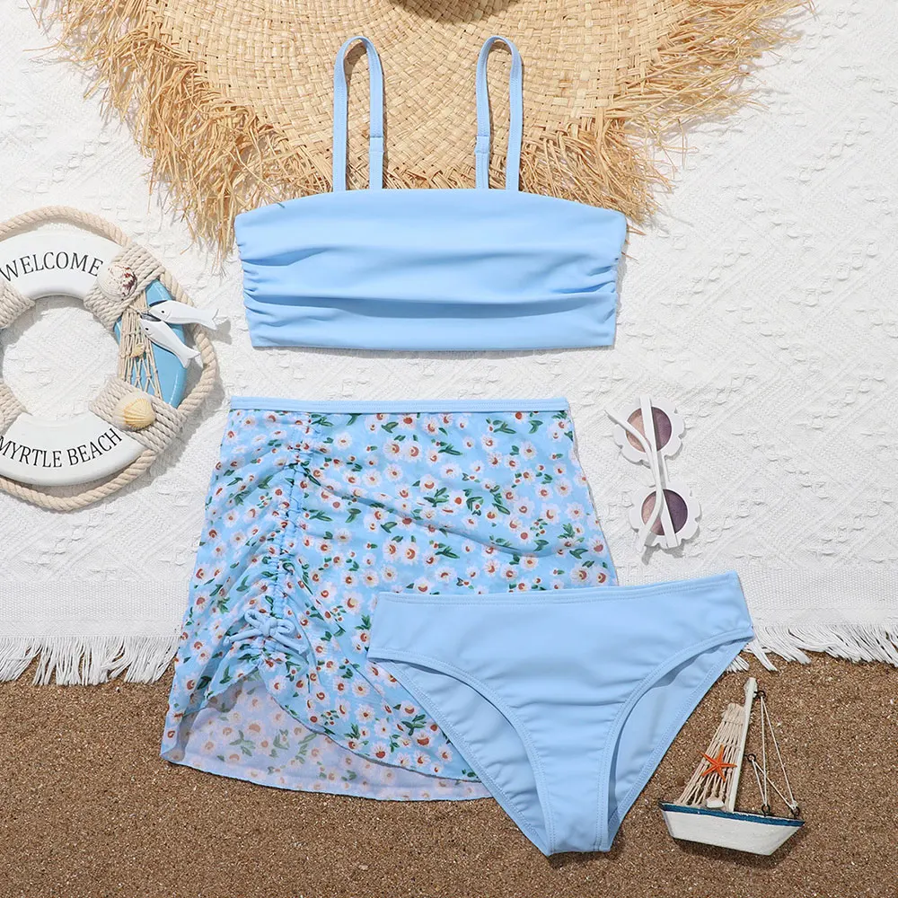 

Girls 3pack Ditsy Floral Print Bikini Swimsuit with Mesh Beach Skirt 7-14 Years Children's Swimwear Teen Bathing Suit Beachwear