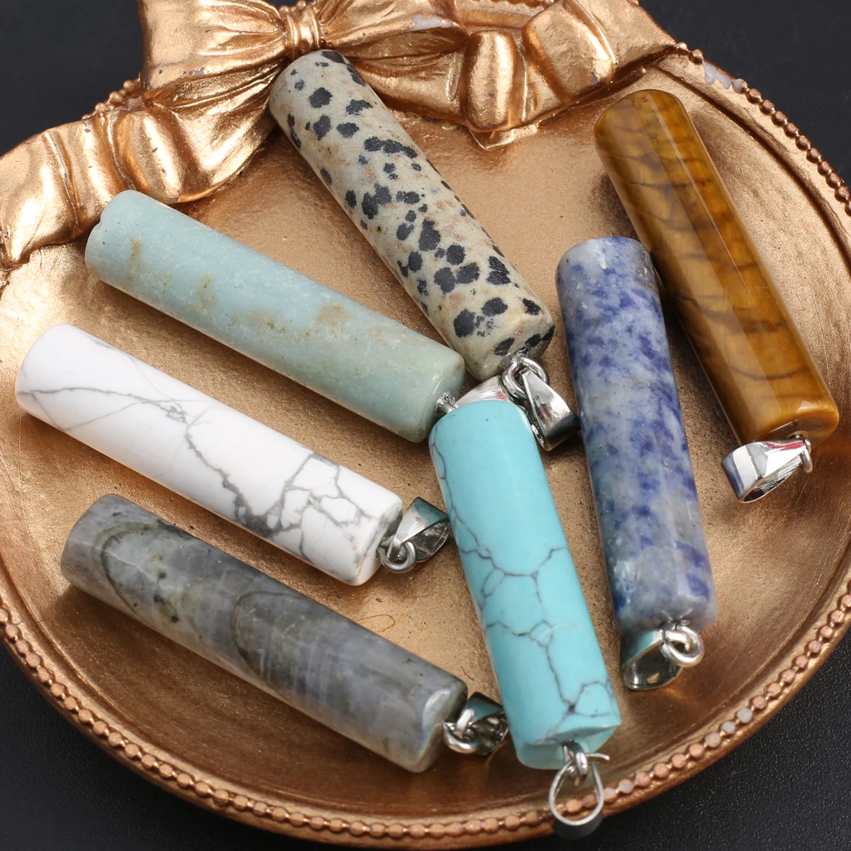 10PCS Natural Stone Sodalite Flash Labradorite Amazonite Random Color Cylindrical Pendant DIY Making Necklace Accessories Gift