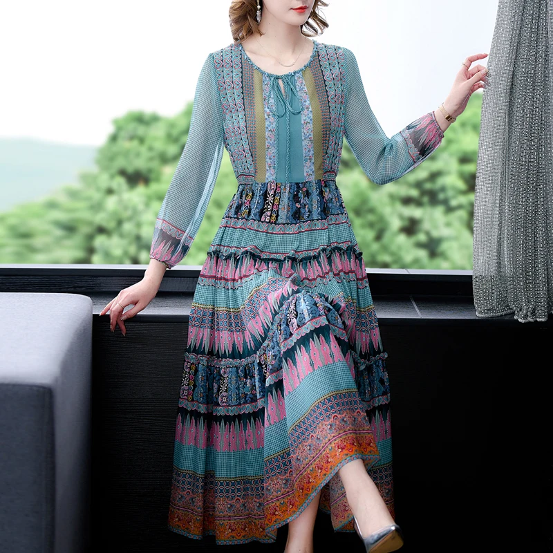 Plus Size Boho Maxi Dress - Geometric Pattern V Neck Summer Dress