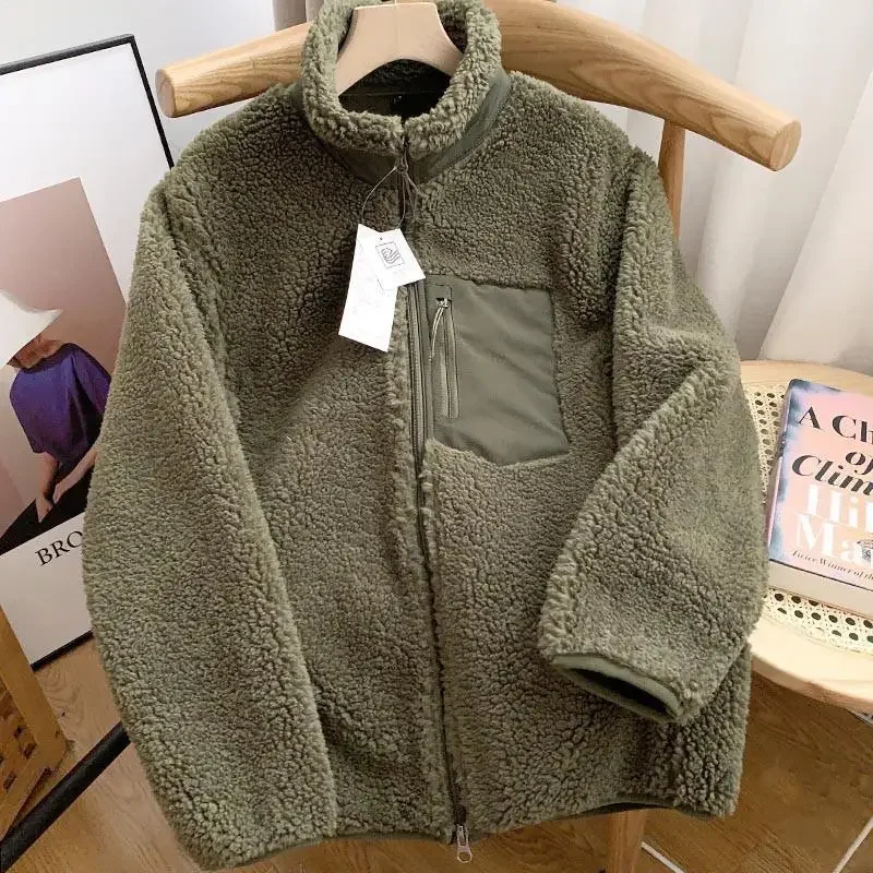 Autumn and Winter Japanese Men's and Women's Fleece Stand Neck Jacket Couple Zipper Loose Warm Lamb Wool Coat Solid Color Jacket 3