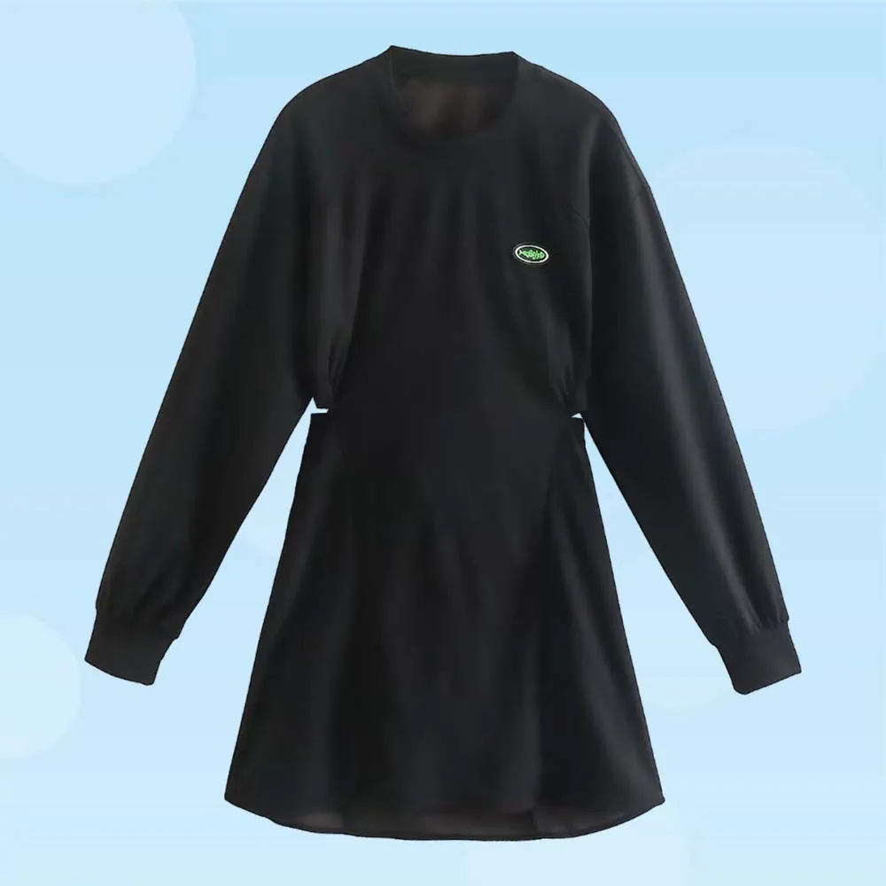 

Fashion Waist Hollow Dress Sexy Black Hollow Out Long Sleeve Mini Dress 2024 Women Round Neck Expose Waist Y2K Gothic Streetwear