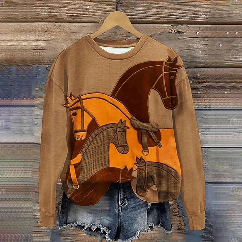 Retro Horse Pattern Print Casual Cotton Sweatshirt main image 1