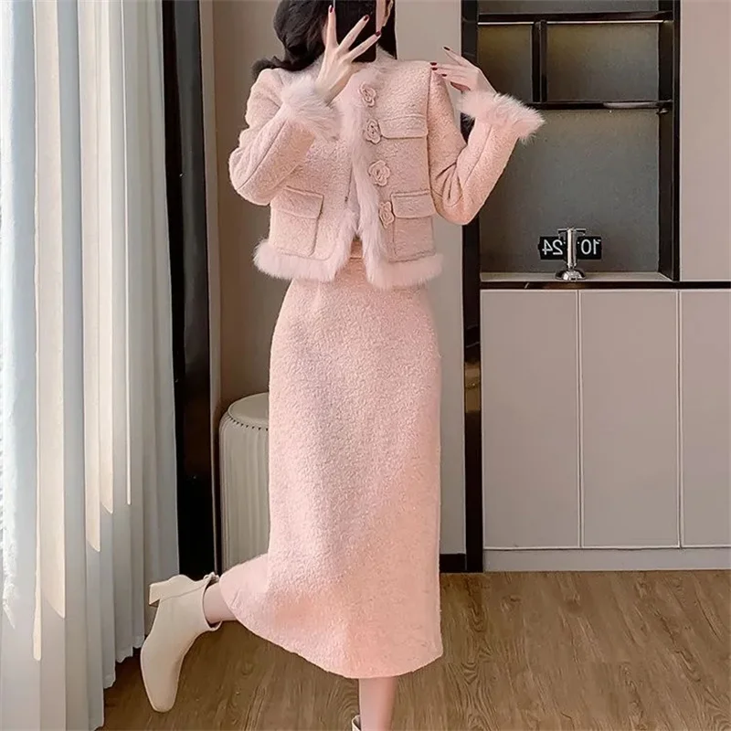 Winter Light Luxury Temperament Thickened Jacket Woolen Skirt High-End Long Skirt Set Mujer Three-Dimensional Decorate Coat Pink