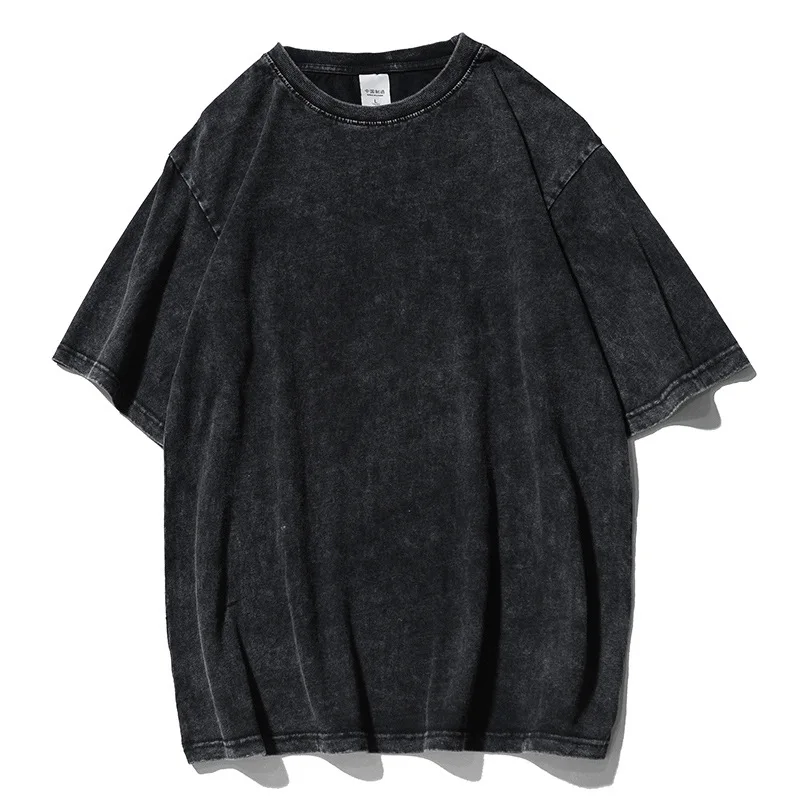 

Washed Distressed Cotton Short-sleeved T-shirt Men 2022 Summer New Black Round Neck Japanese Retro Oversized Top Streetwear