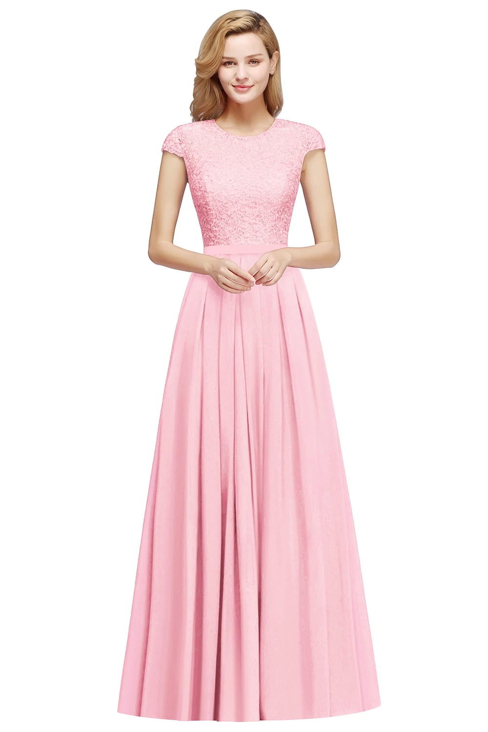Navy Blue Elegant Short Sleeves Chiffon Candy Pink Lace Evening Dresses Women Formal Wedding Prom Party Gowns Robe De Soirée