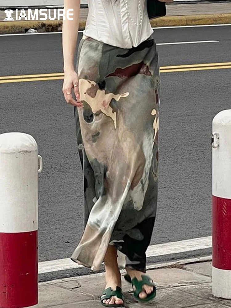 

IAMSURE Chinese Style Vintage Printed Straight Skirts Casual Slim High Waosted Maxi Skirts Women 2023 Summer Elegant Fashion