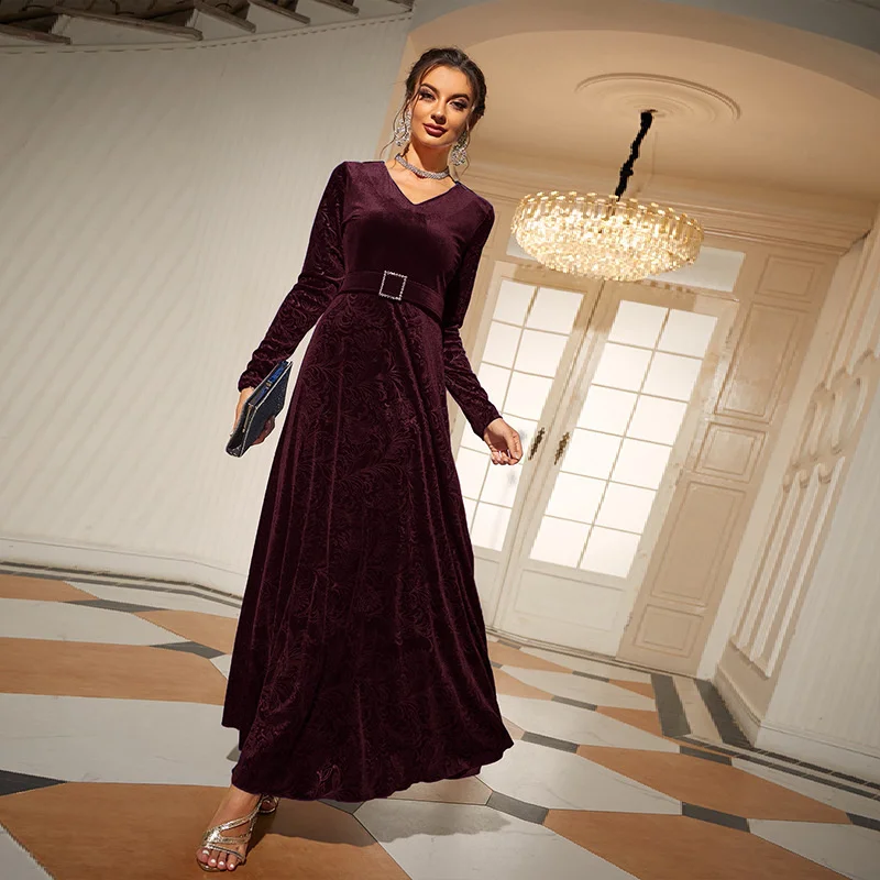 

European and American Women's 2023 V-neck Long Sleeve High Waist Strap Velvet Elegant Dress Summer Dress Woman 2023 Trendy