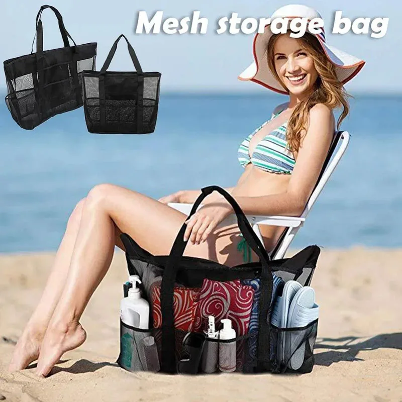 

Zipper Foldable Mesh Swimming Bags Handheld Large Capacity Mesh Beach Bag Home Toy Storage Bag Travel Bag Bathroom Storage Bags