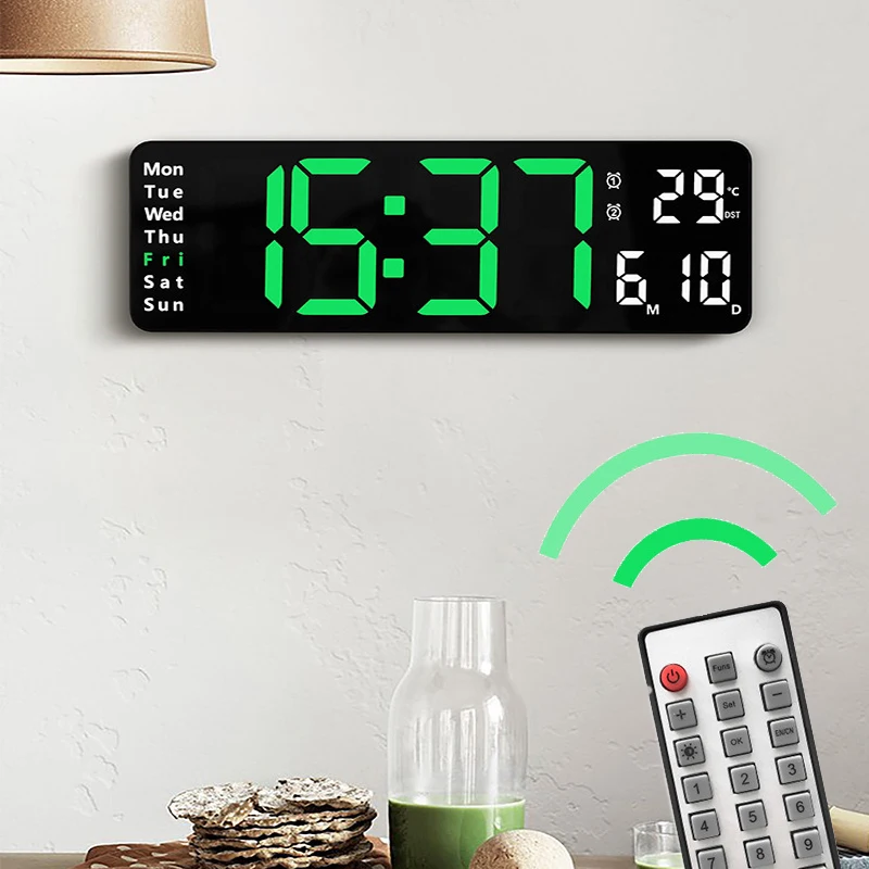 Digital Wall Clock Large Alarm Clock Remote Control Date Week Temperature Clock Dual Alarms Led