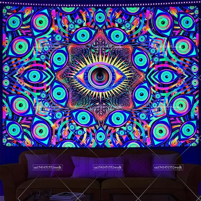 Blacklight Eyes Tapisserie Murale Réactive UV, Tapisseries Boho Mandala, Hippicopter, Trippy, Abstrait, Lumière Noire, Chambre 2