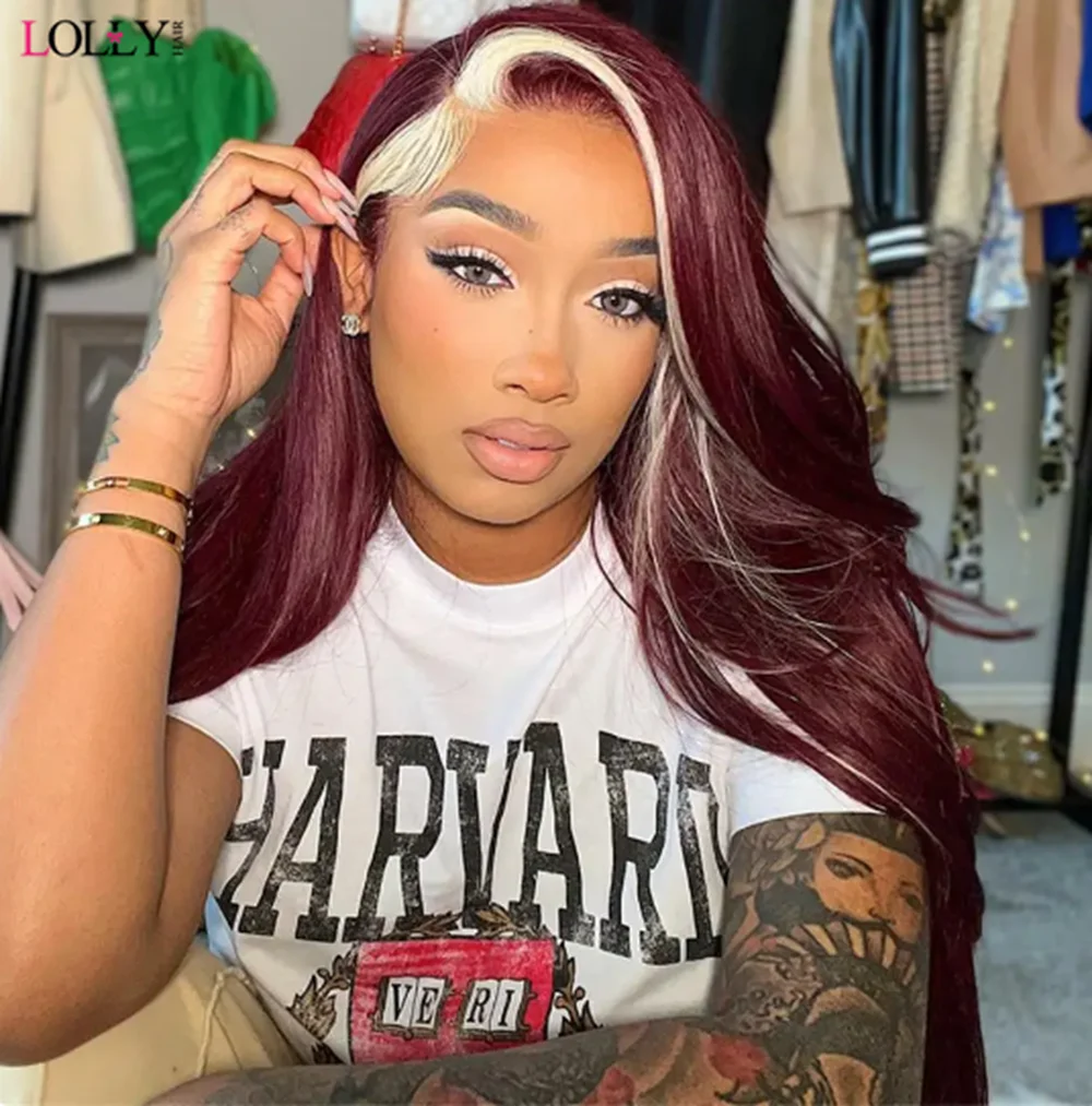 99J Burgundy With 613 Blonde 13x4 Lace Front Skunk Stripe Human Hair Wigs Pre Plucked Glueless Body Wave Lace Front Wig