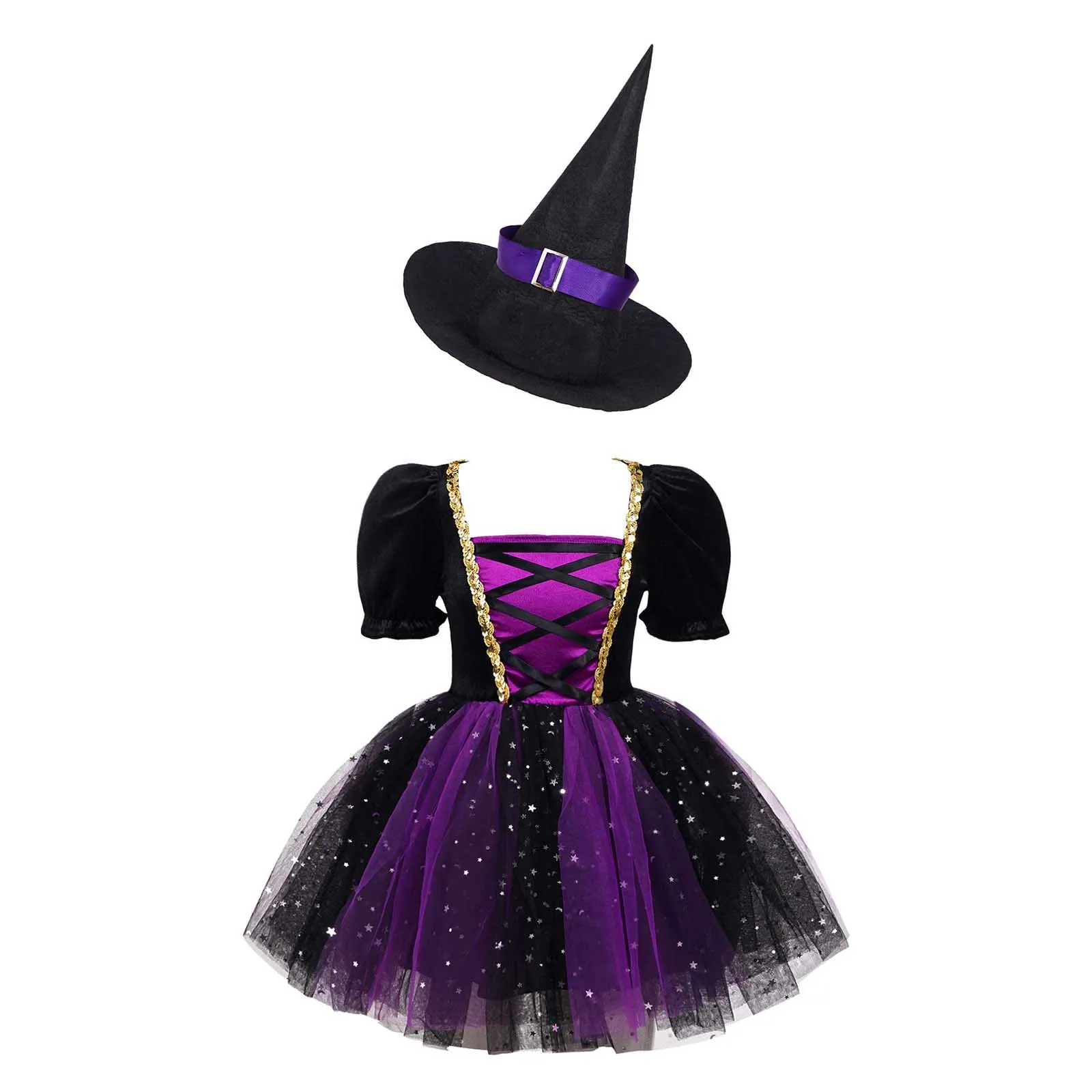 

Kids Girls Halloween Witch Costume Bubble Sleeve Glittery Mesh Tutu with Pointed Hat for Carnival Party Cosplay Fancy Dress Up