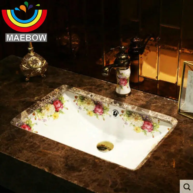 MAEBOW โรแมนติก Rose สี่เหลี่ยมผืนผ้าภายใต้อ่างล้างจานอ่างล้างหน้าเซรามิครูปไข่อ่างล้างหน้าห้องน้ํา 1