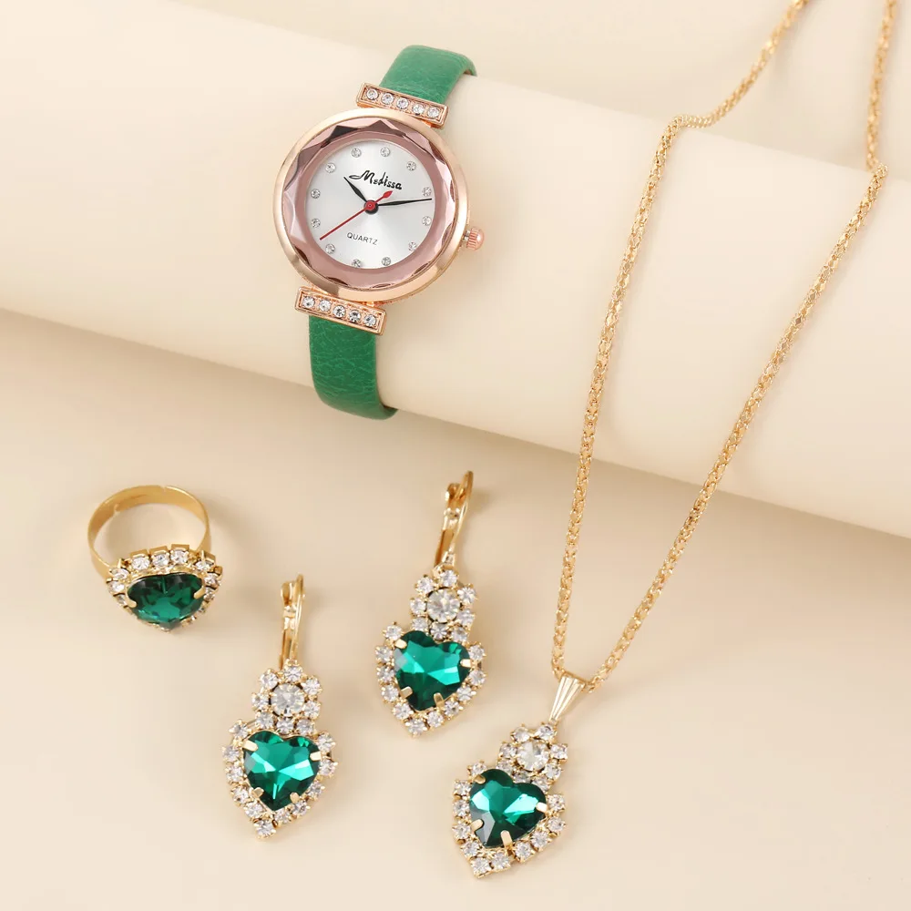 

Sdotter Watch Women's Cool Wind Fashion Diamond Green Strap Quartz Watch All-match Emerald Necklace + Earrings + Ring Relojes Pa