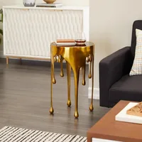 Aluminum Metal Abstract Melting Drip Accent Table with Melting Design and Shaded Glass Top, 16' X 16' X 25', Gold 1