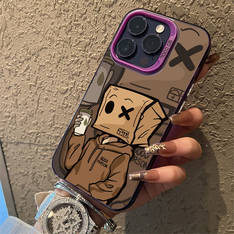 Cartoon Box Man Pattern Shockproof Matte Phone Case with Plating Finish