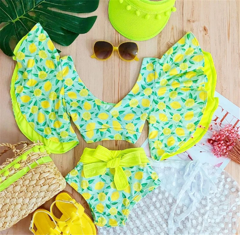 Maillot De Bain 2 Pièces Bébé Fille - Imprimé Mer Et Rayures - Brassière Et Culotte à Volants