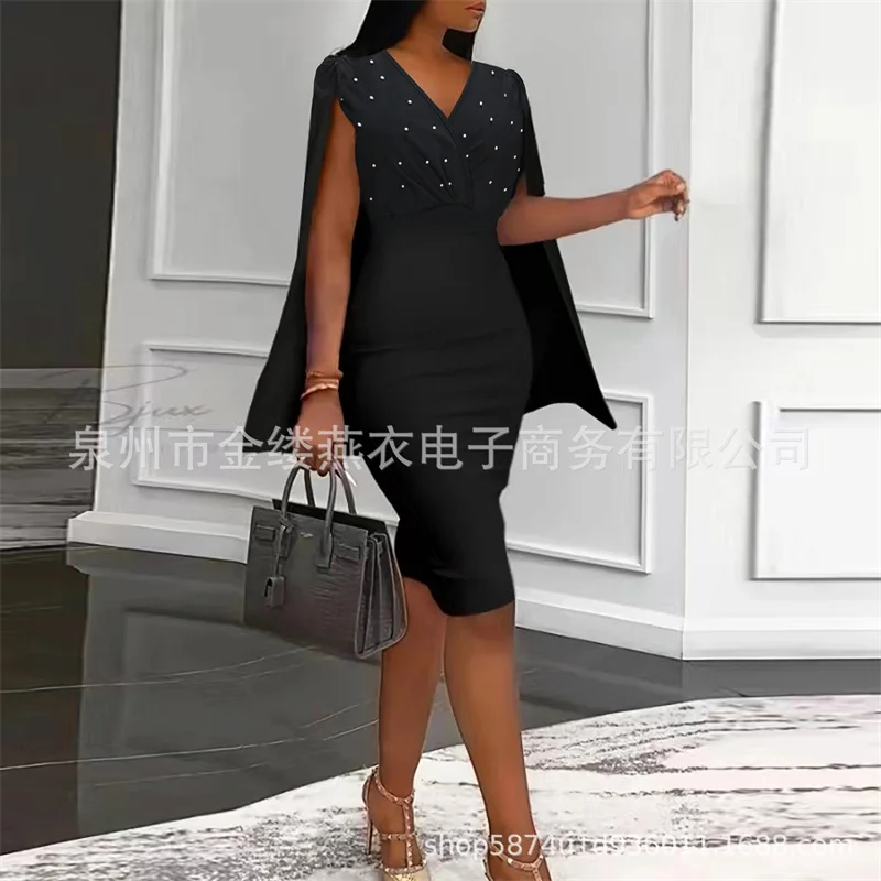 

Ladies British Business Sexy Pencil Dress Spring And Summer Black Beaded Cloak Sleeve V-neck Skinny Dress