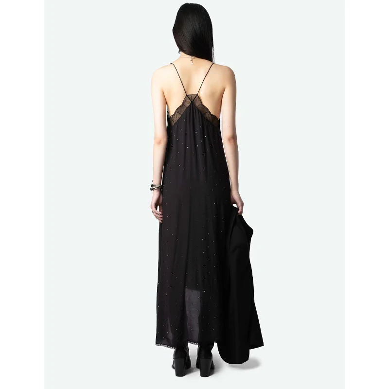 Zadig Solid Black Dress Women Casual Long Halter Dresses Ladies Elegant Slip Backless Robes Chic Lace Diamonds Jupes Female 2