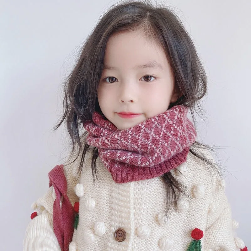 Fashion Diamond Grid Knitted Children's Scarf Winter Warm Windproof Cute Boys and Girls Neck Cover Scarves Clothing Accessories