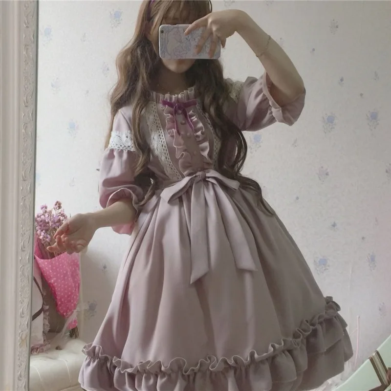 Lolita Dress Skirt Cute Women Flouncing Lace Trim Japanese Harajuku Long Sleeves Doll Dress Fairy Vestidos Carnival Costumes