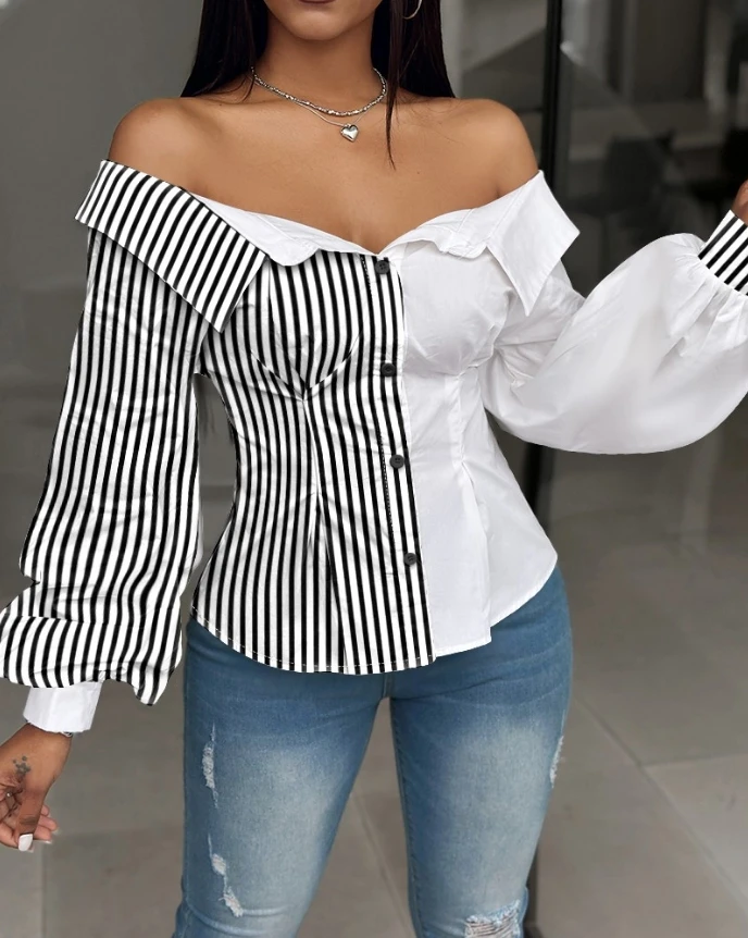 

Woman Blouse 2024 Spring Fashion Striped Colorblock Lantern Sleeve Casual Off the Shoulder Long Sleeve Button Daily Shirt Top