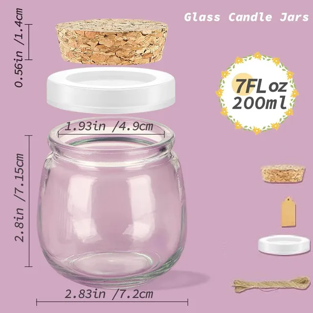200ml Empty Candle Jars for Making, 7oz Small Glass with Cork Lids, Honey PE Lids Wedding Favor, DIY Gift, Baby Shower, Spices 6