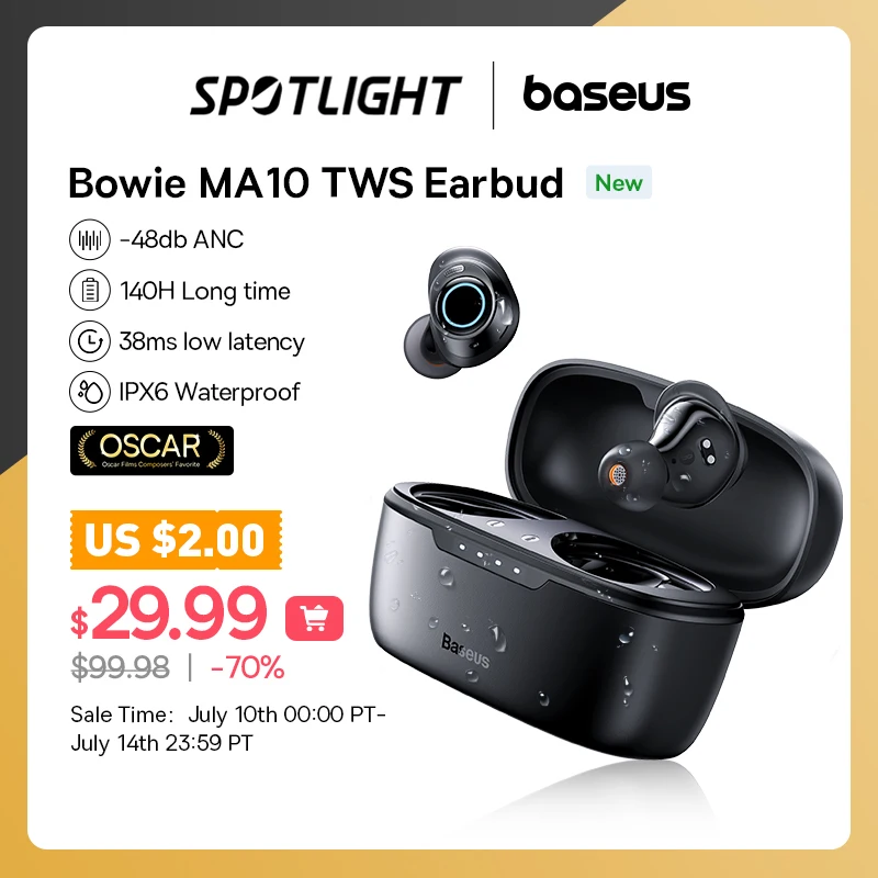  Baseus Bowie MA10 ANC Wireless Earphone 48dB Noise Cancelling 140h Playtime Bluetooth 5.3 Headphone IPX6 Waterproof Sport Earbud 