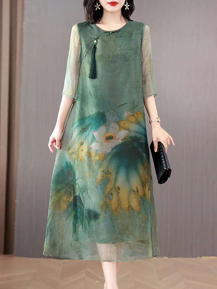 

Floral Silk Chic Tassel Elegant Long Dress Women Fashion Casual Loose Waist Holiday Dress Korean Vintage Party Dress D50