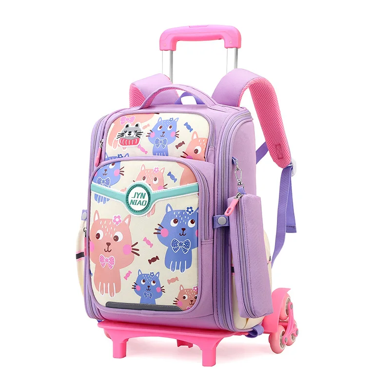 Cartoon Cat print Kids Trolley Case School Bags with 2/6 Wheels Shoulder Pack Backpack Girls Children Boy Schoolbag Removable Ha 1