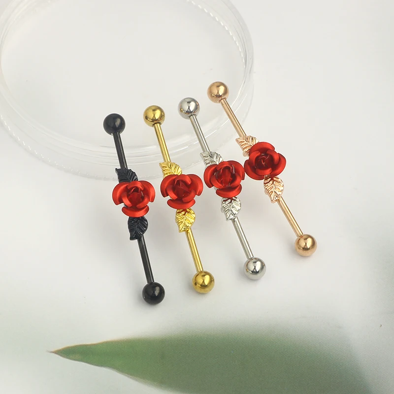 Wholesales 14g Industrial earrings barbell stainless steel rose flower black long 38mm conch helix industrial piercing bar body