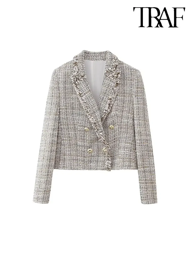 

TRAF 2023 Women Texture Short Blazer Jacket Coats Fashion Double Breasted Vintage Long Sleeve Casual Spring Autumn Slim Tops
