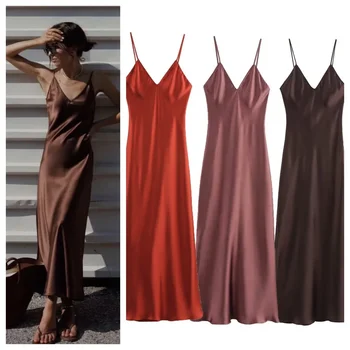 Elegant women's fashion silk satin texture MIDI dress sexy backless party slip dress 1