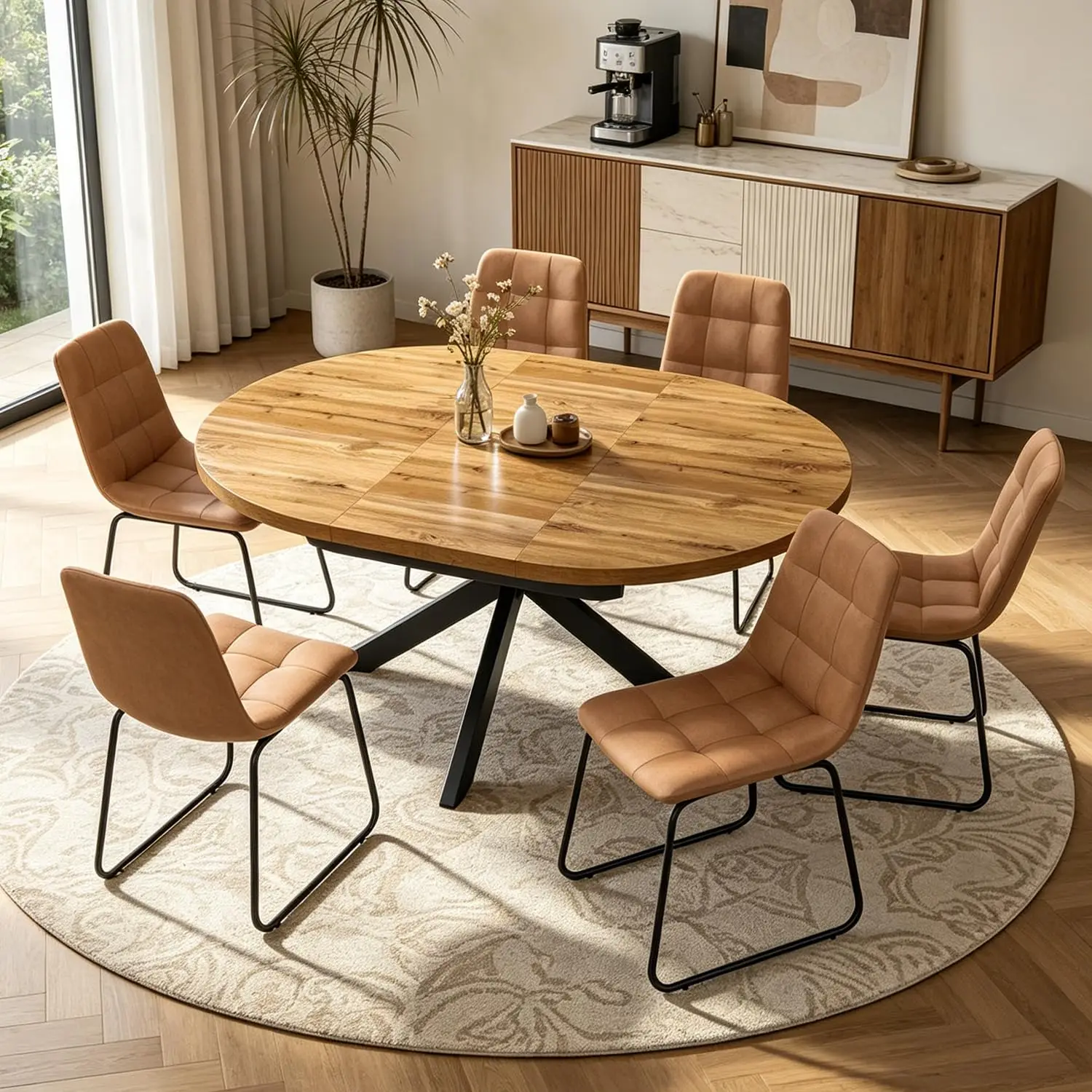 7-Piece Extendable Round Dining Table with Chairs Set for 6, 43"-59" Kitchen Dining Table Set with Heavy Duty Leg and, Custom