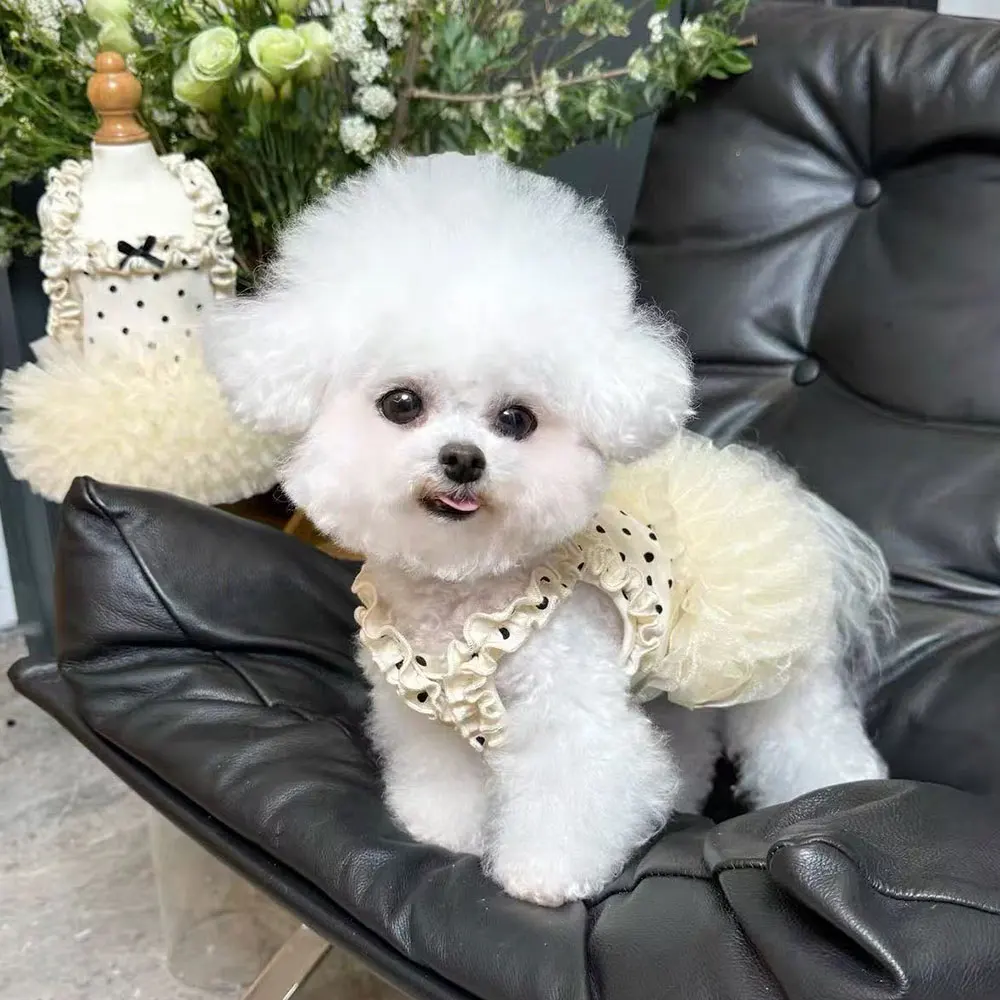 lightweight Thin Pet Dog Summer Dress Polka Dot Ruffle Sling Tulle Tutu Skirt Breathable Puppy Clothes For Daily Walking Wear