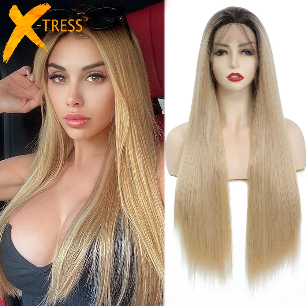 

13X3 Lace Frontal Synthetic Wigs For Women Ombre Blonde Color Free Part Long Straight Soft Natural Hair Wig 150% Density X-TRESS