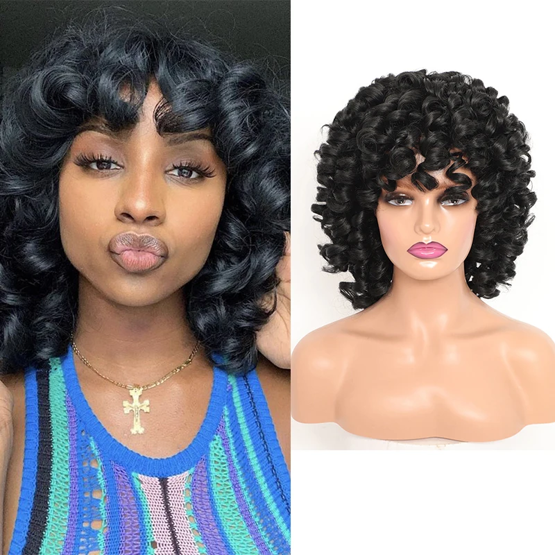 

Synthetic Afro Kinky Curly Wigs Bouncy Curly Fringe Short Black Fluffy Wig With Bangs Natural Loose Curly Hair For Black Women