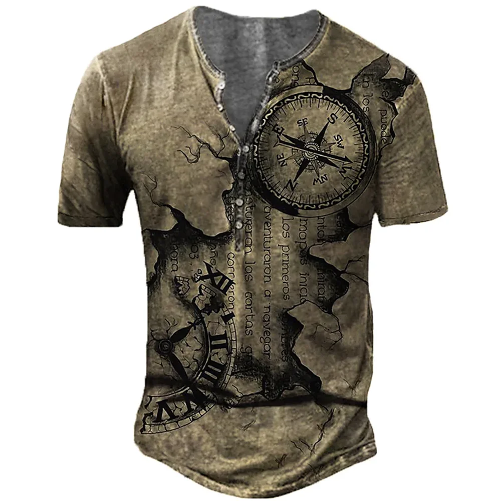 Vintage Navigatie Kompas T-shirts Man Korte Mouw V-hals Tee Shirt Dikke  Katoenen Knop Henley Voor Mannen Oversized Streetwear - AliExpress