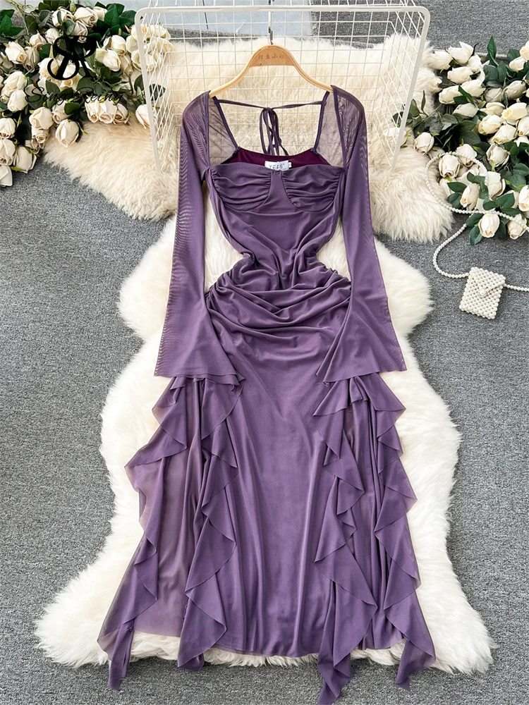 SINGREINY 2024 Summer Mesh Split Sexy Dress Ladies Squre