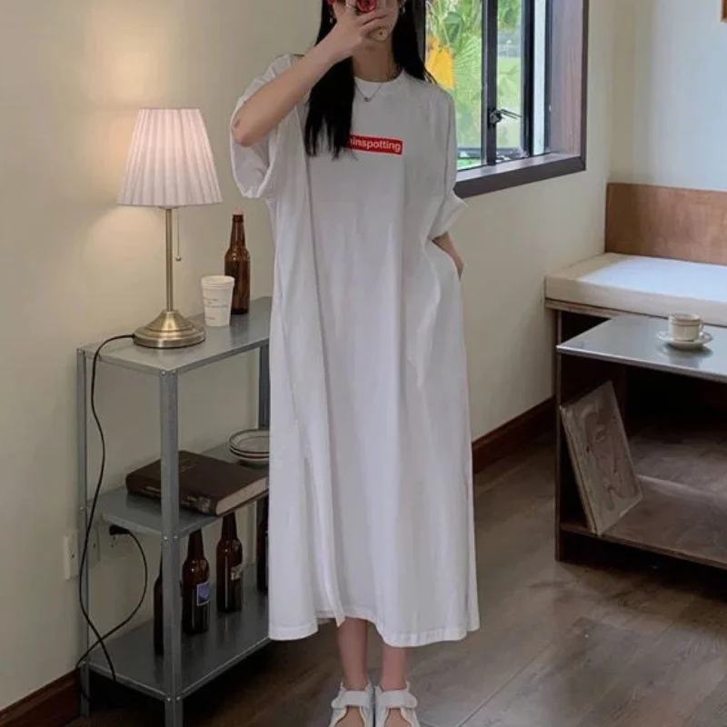 Plus Size Long T-Shirt Dress For Women Korean Chic Loose Pullover Casual Vintage Streetwear O-Neck Short Sleeve Straight Dress