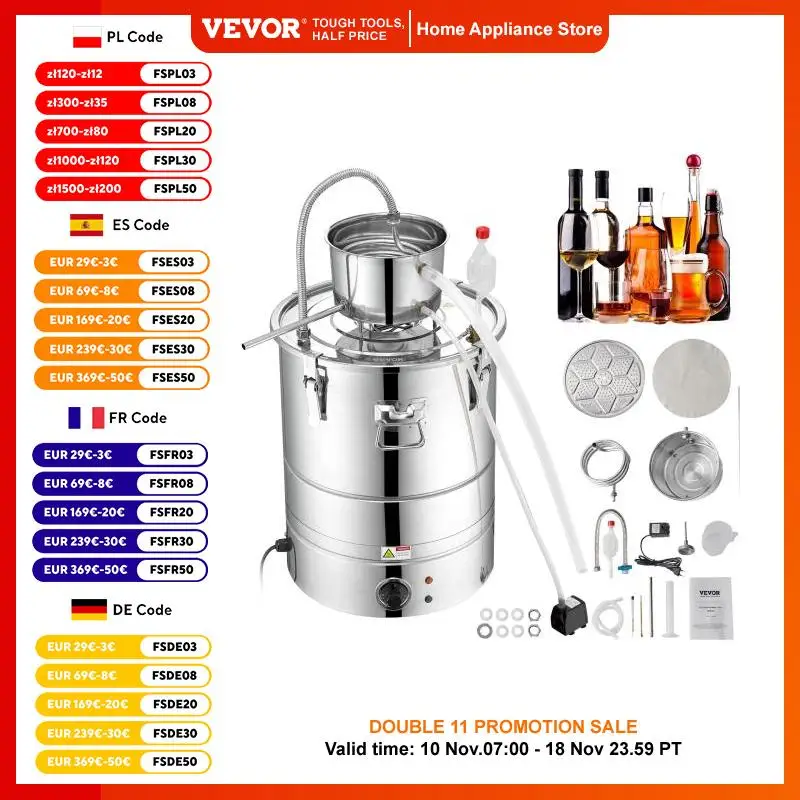 VEVOR Alcohol Still, 30L 50L Water Alcohol Distiller, Home Distillery Kit w/ Stainless Steel Tube & Pump & One-way Exhaust Valve
