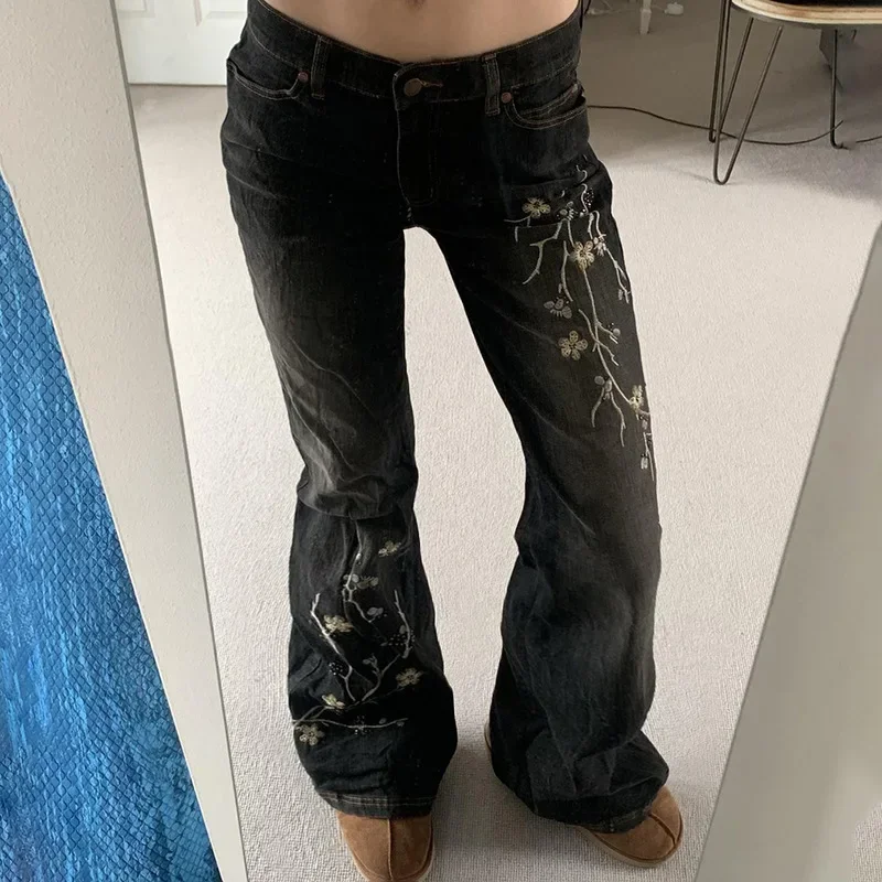 Floral Embroidery Jeans Vintage 2000s Low Rise Flared Jeans Women Retro y2k Baggy Denim Pants High Street Basic Trousers 3